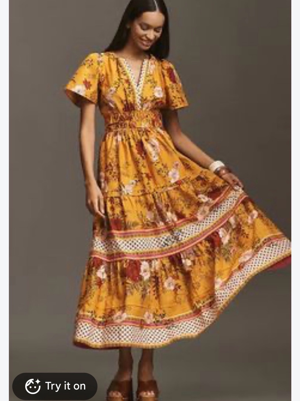 Anthropologie Mustard Yellow Floral Tiered Maxi Dress